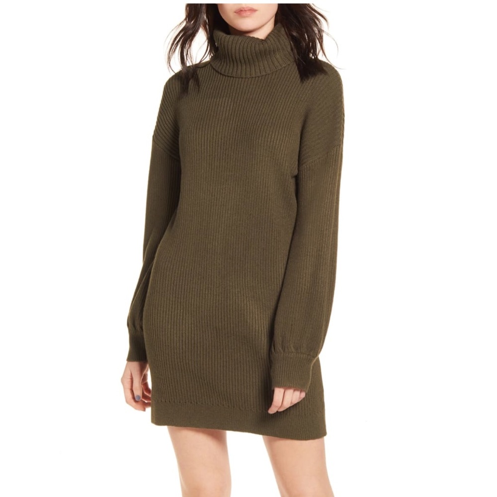 All in Favor Olive Green Ribbed Turtleneck Sweater Dress